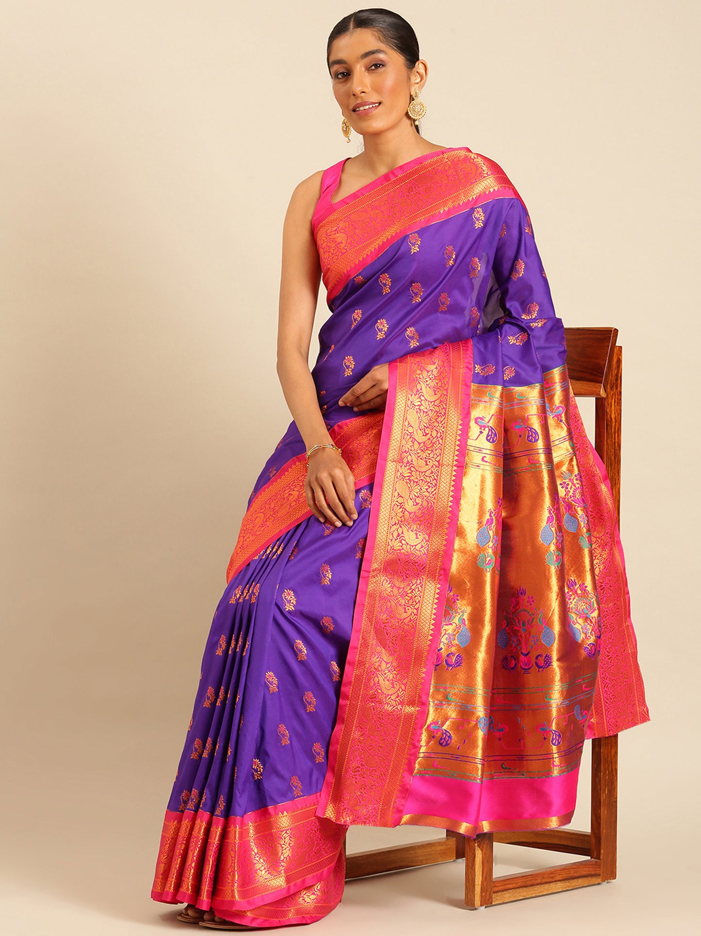 Sonkali Indigo Blue & Pink Soft Silk Peshwai Nath Paithani Saree