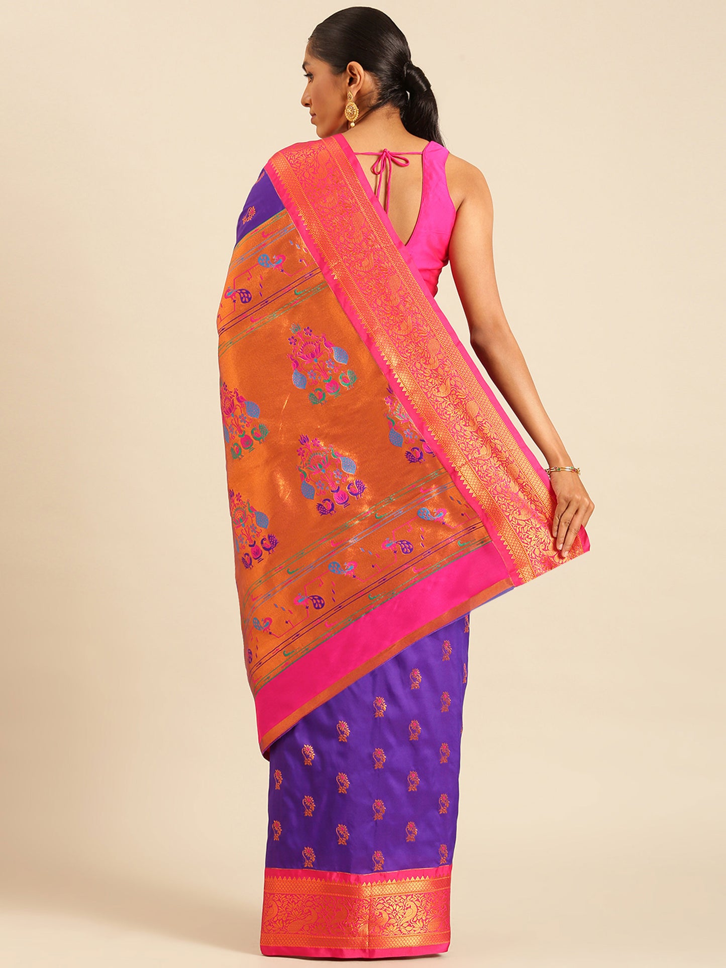 Sonkali Indigo Blue & Pink Soft Silk Peshwai Nath Paithani Saree