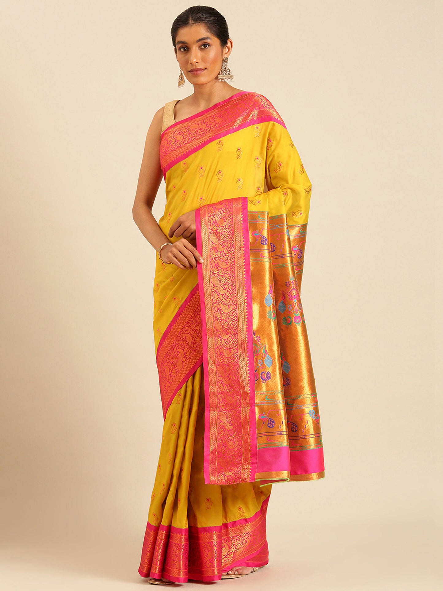 Sonkali Mustard & Pink Soft Silk Peshwai Nath Paithani Saree