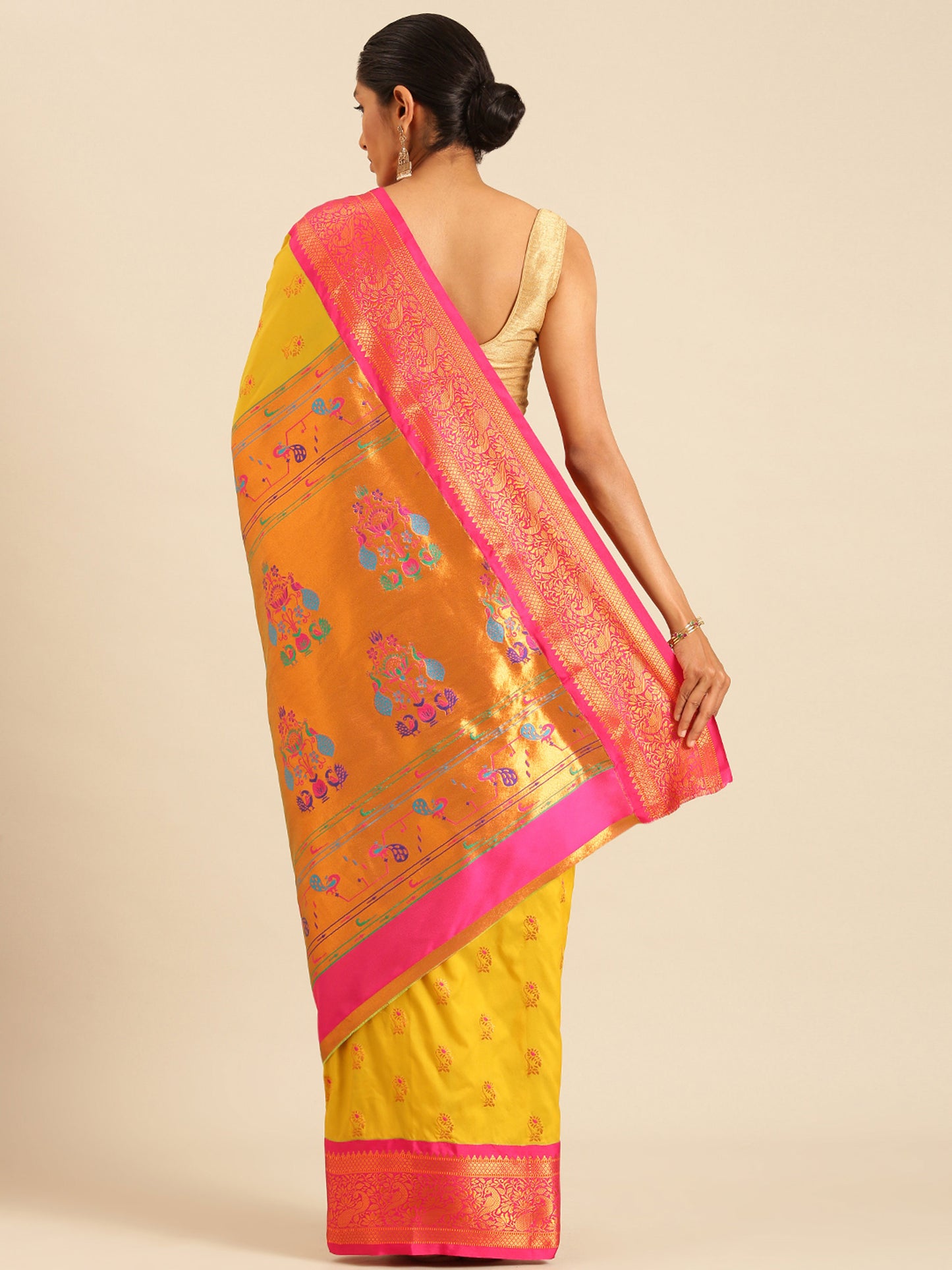 Sonkali Mustard & Pink Soft Silk Peshwai Nath Paithani Saree