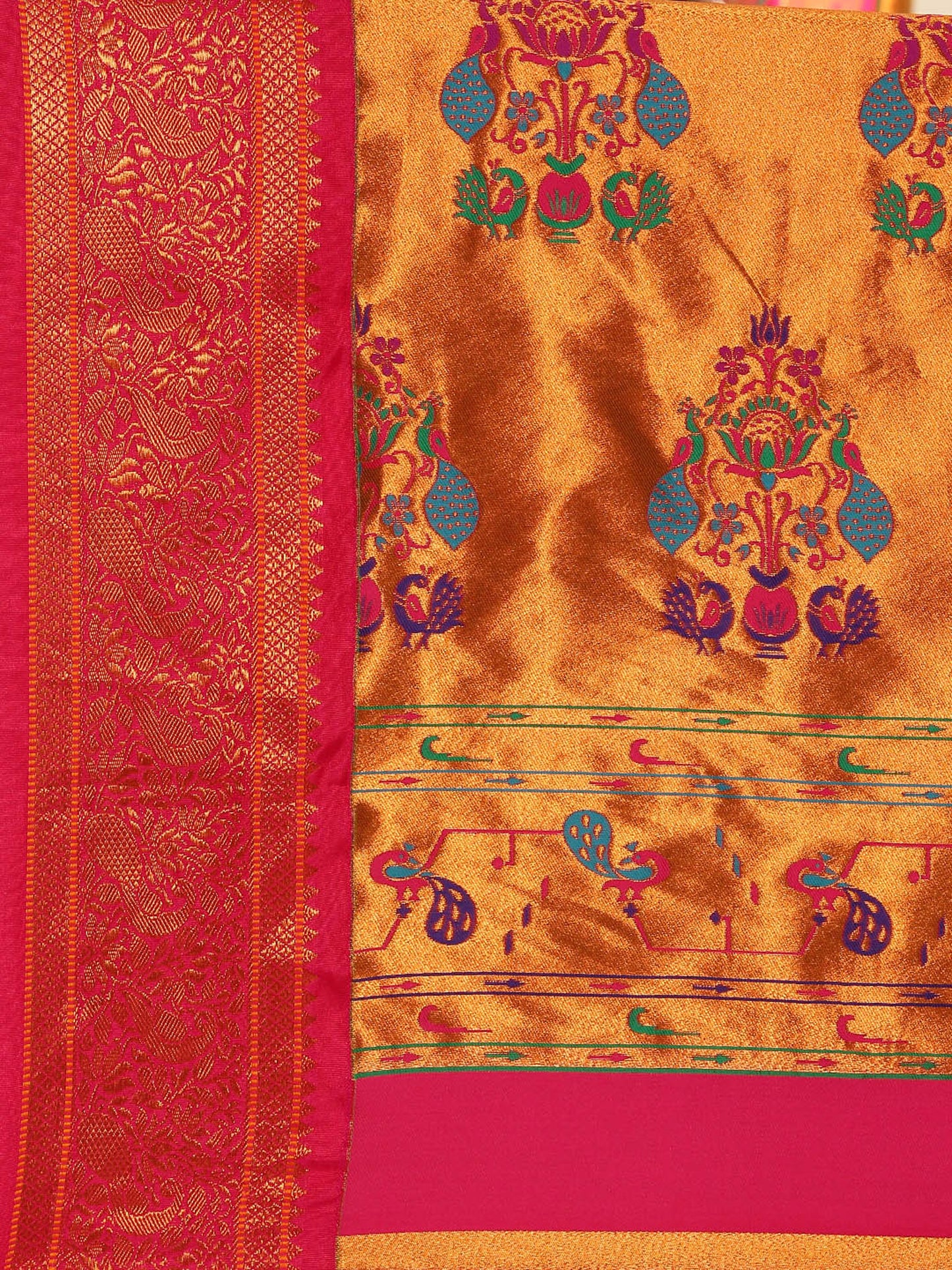 Sonkali Mustard & Pink Soft Silk Peshwai Nath Paithani Saree