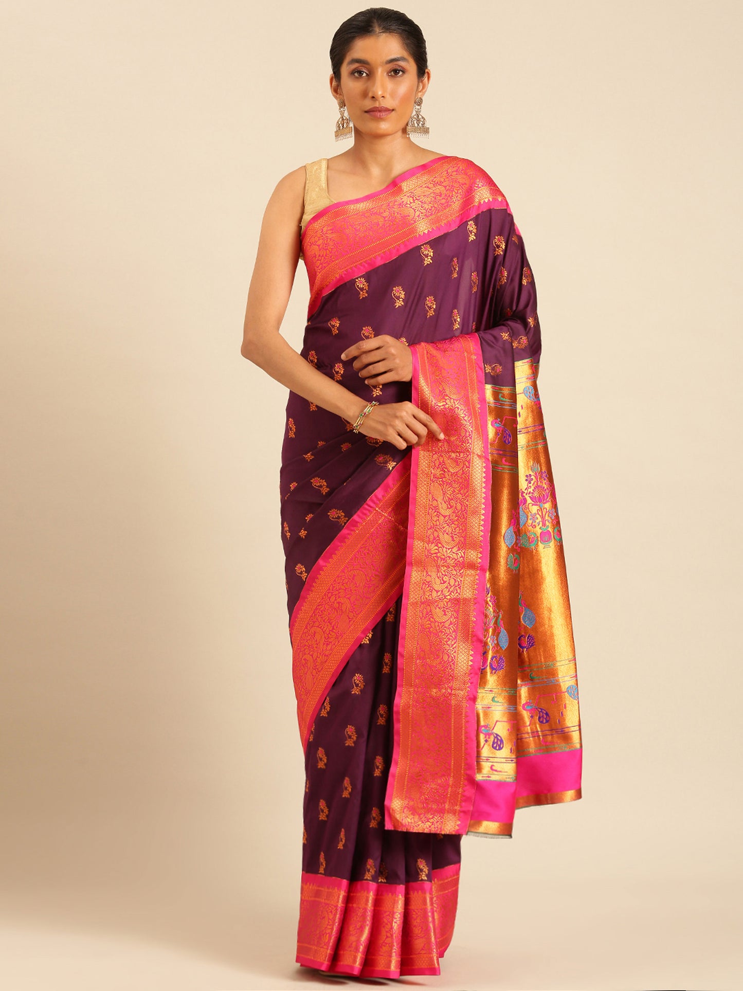 Sonkali Maroon & Pink Soft Silk Peshwai Nath Paithani Saree