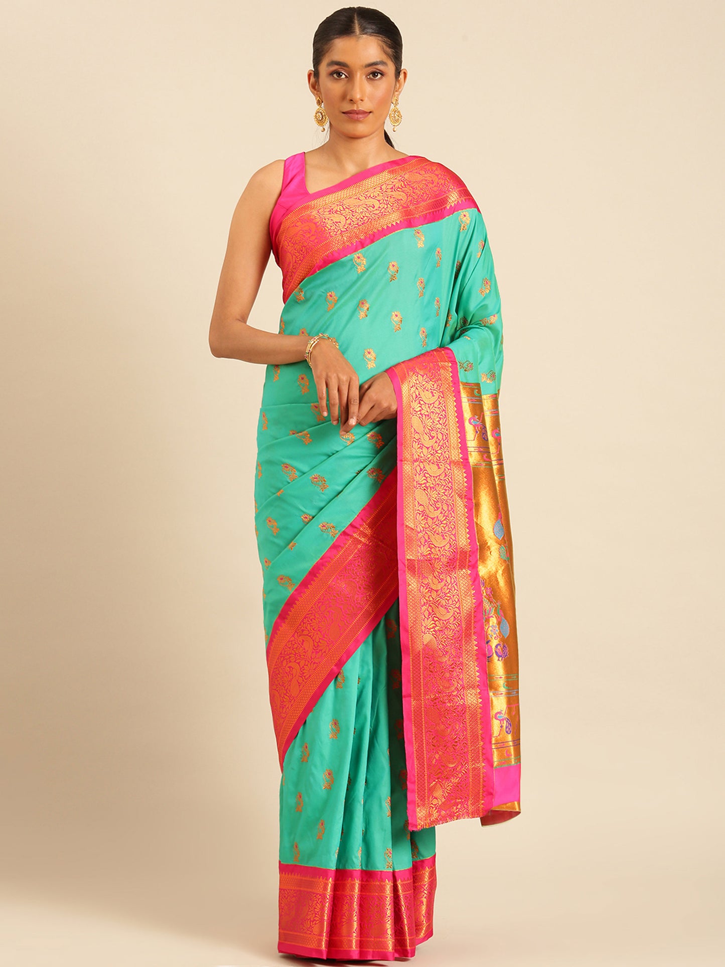Sonkali Sea Green & Pink Soft Silk Peshwai Nath Paithani Saree