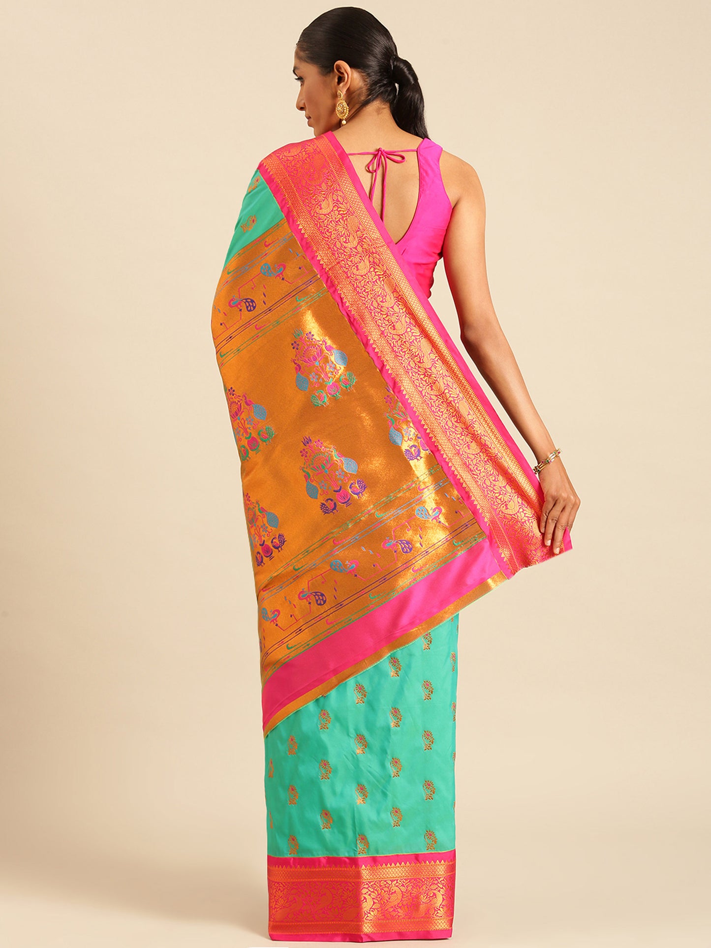 Sonkali Sea Green & Pink Soft Silk Peshwai Nath Paithani Saree