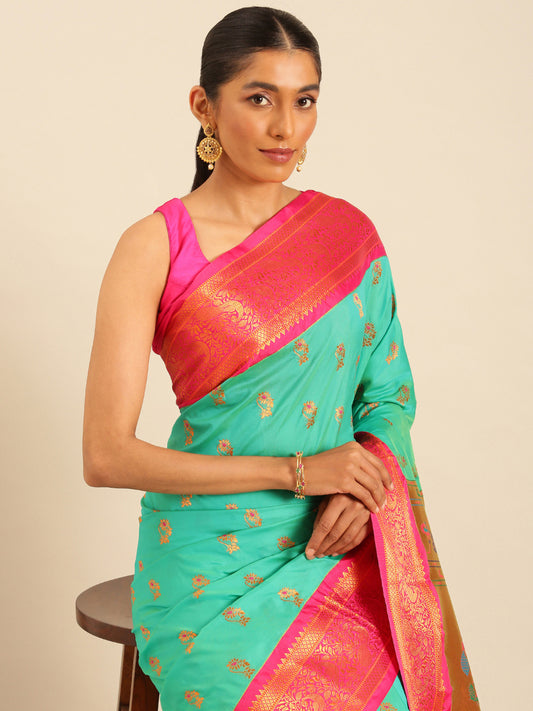 Sonkali Sea Green & Pink Soft Silk Peshwai Nath Paithani Saree