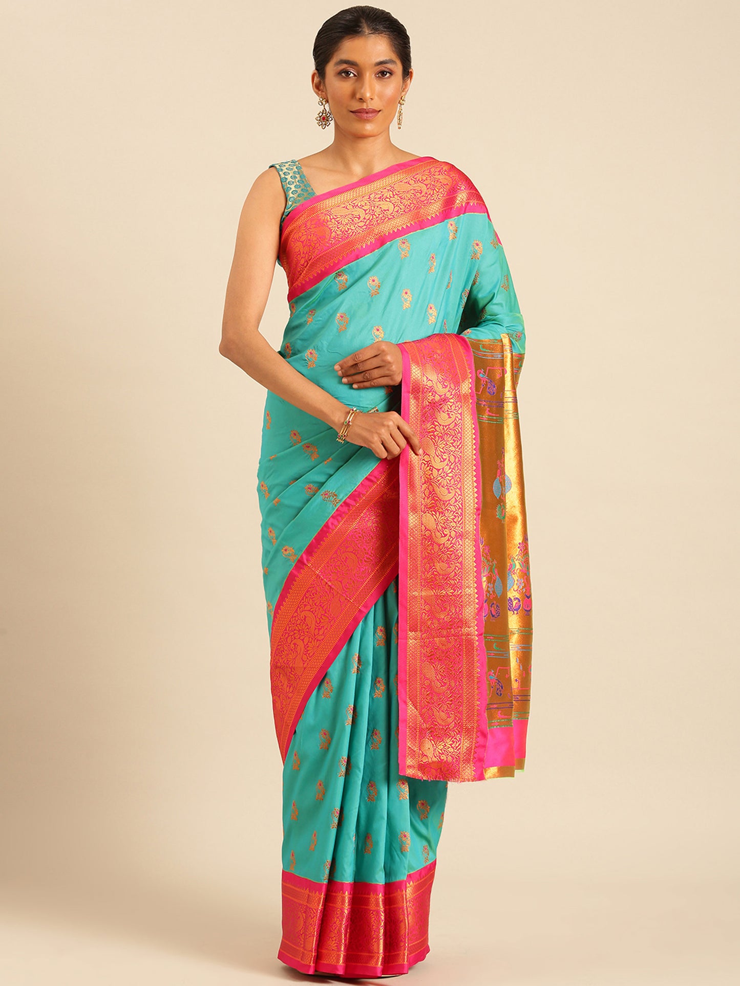 Sonkali Chintamani & Pink Soft Silk Peshwai Nath Paithani Saree