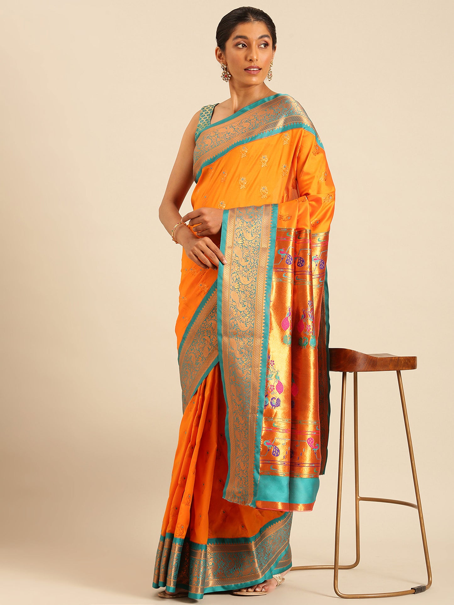 Sonkali Orange & Rama Soft Silk Peshwai Nath Paithani Saree