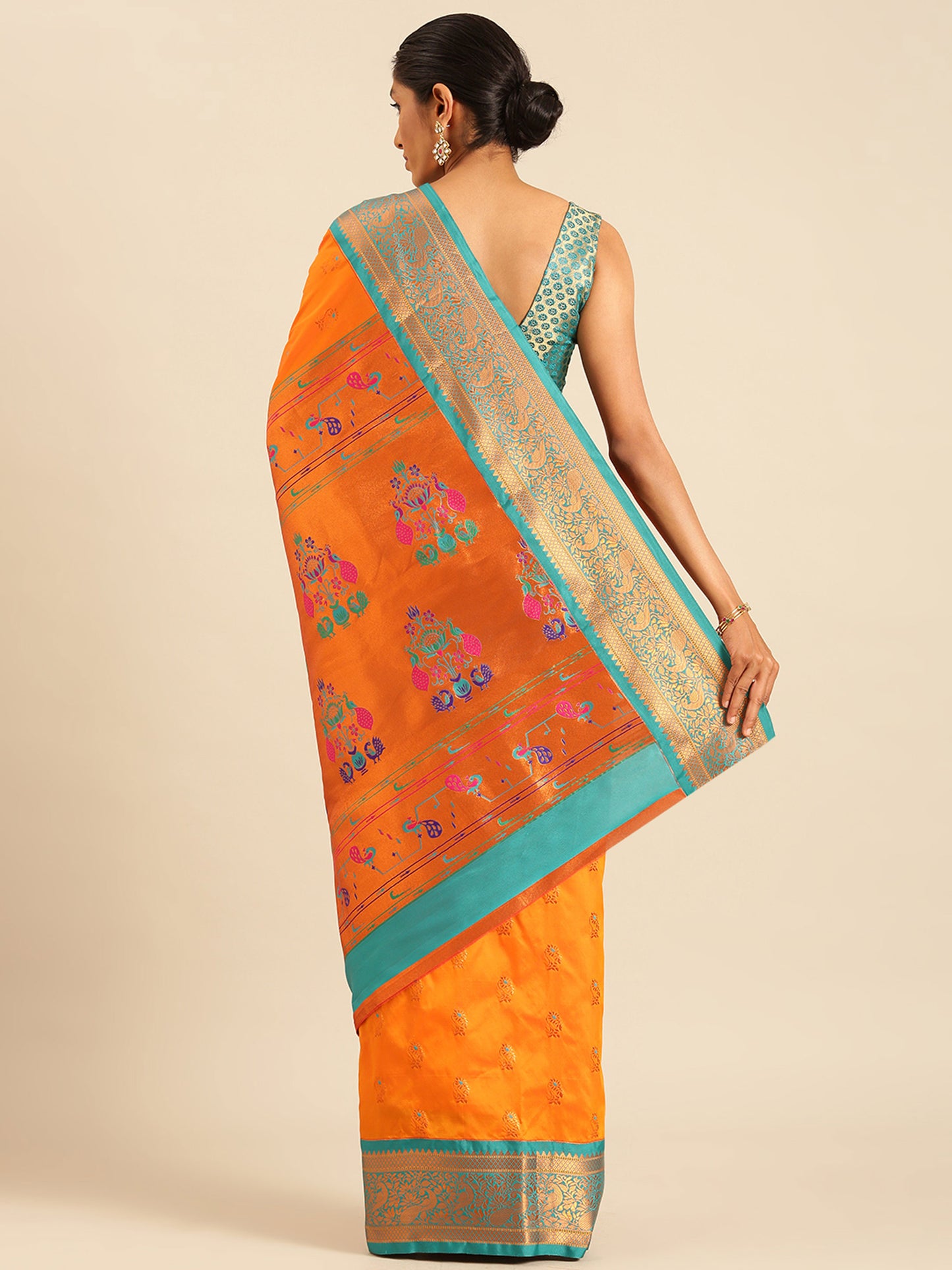 Sonkali Orange & Rama Soft Silk Peshwai Nath Paithani Saree