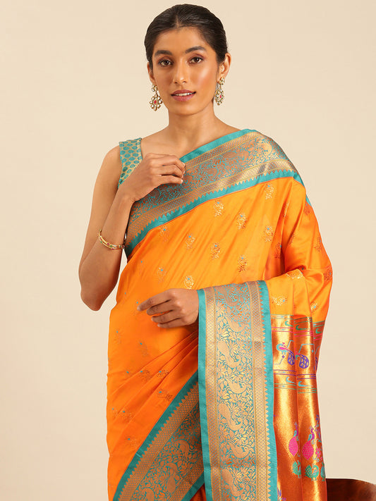 Sonkali Orange & Rama Soft Silk Peshwai Nath Paithani Saree