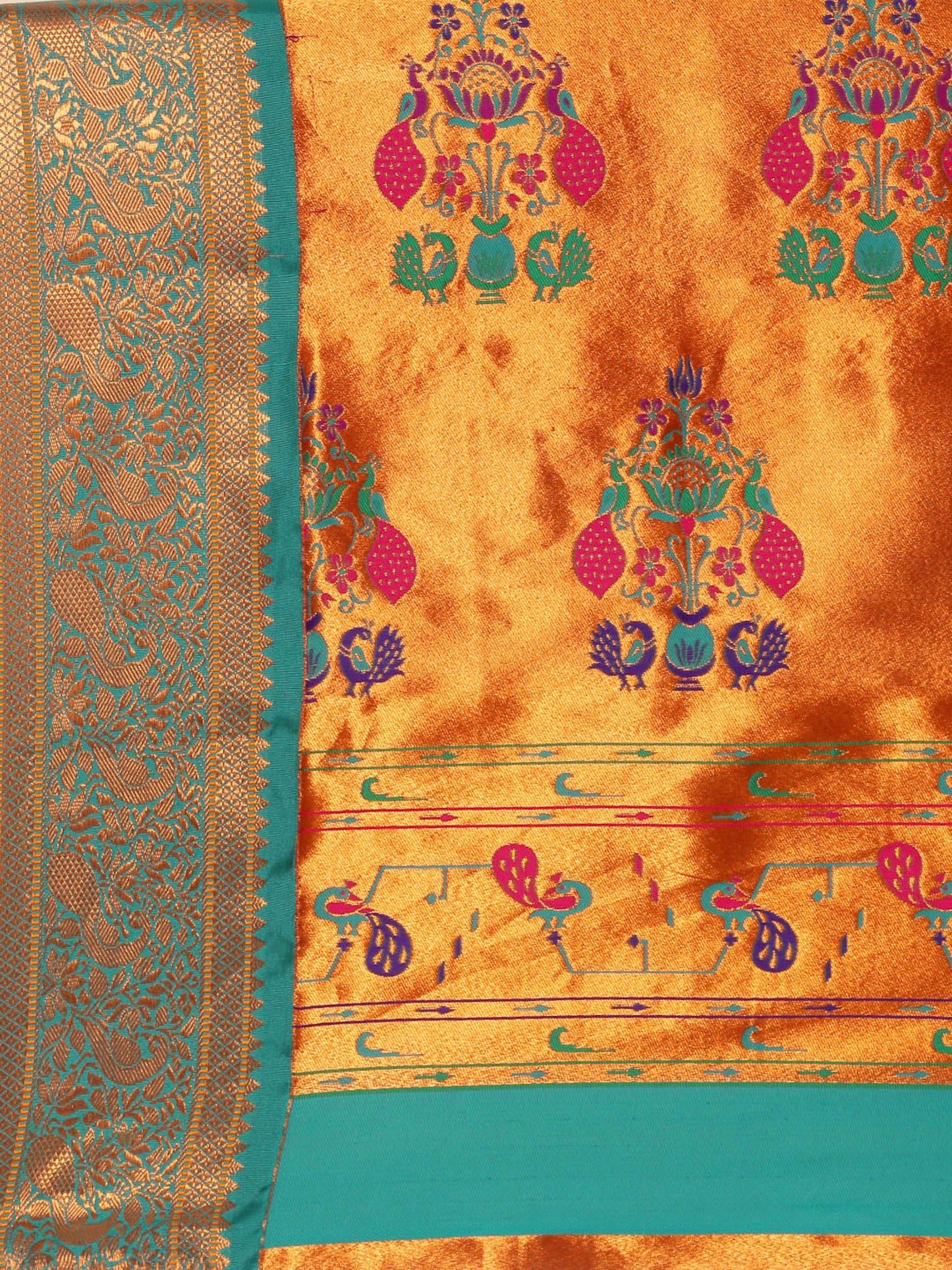 Sonkali Orange & Rama Soft Silk Peshwai Nath Paithani Saree