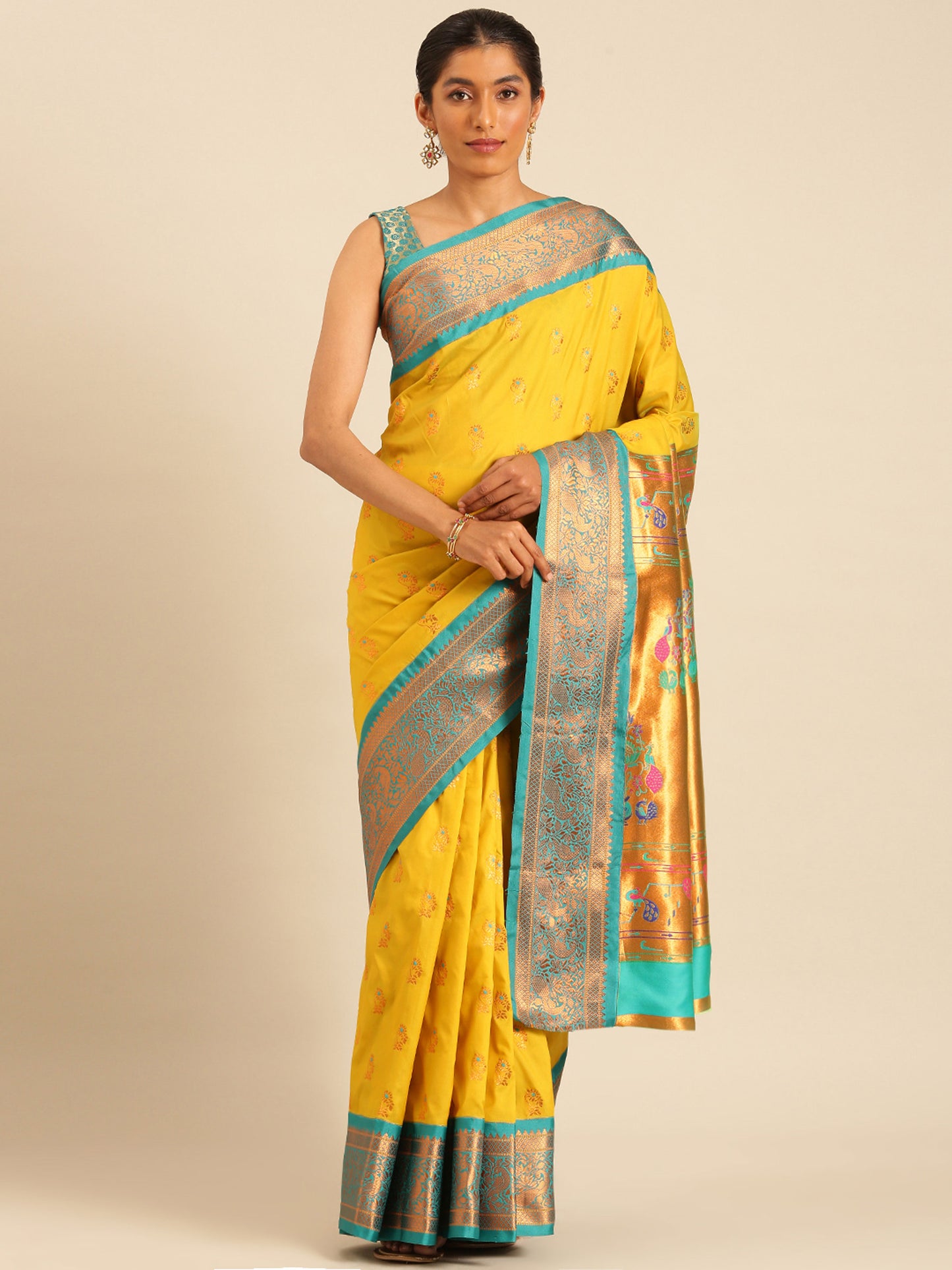 Sonkali Mustard & Rama Soft Silk Peshwai Nath Paithani Saree