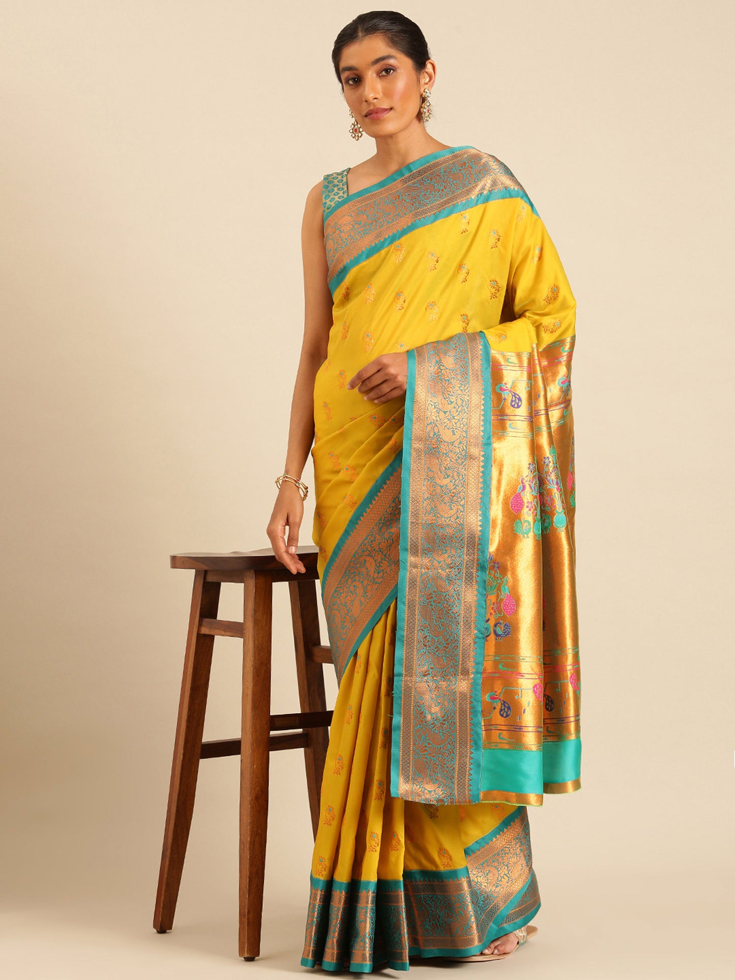 Sonkali Mustard & Rama Soft Silk Peshwai Nath Paithani Saree