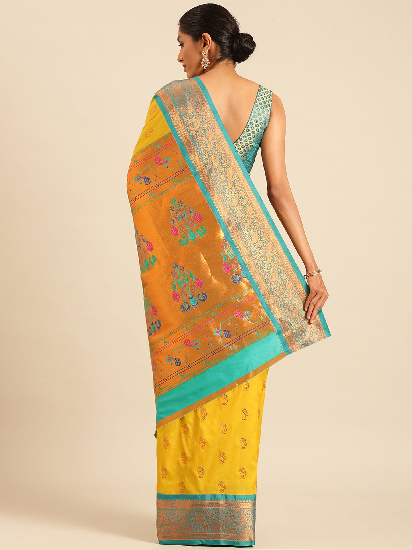 Sonkali Mustard & Rama Soft Silk Peshwai Nath Paithani Saree