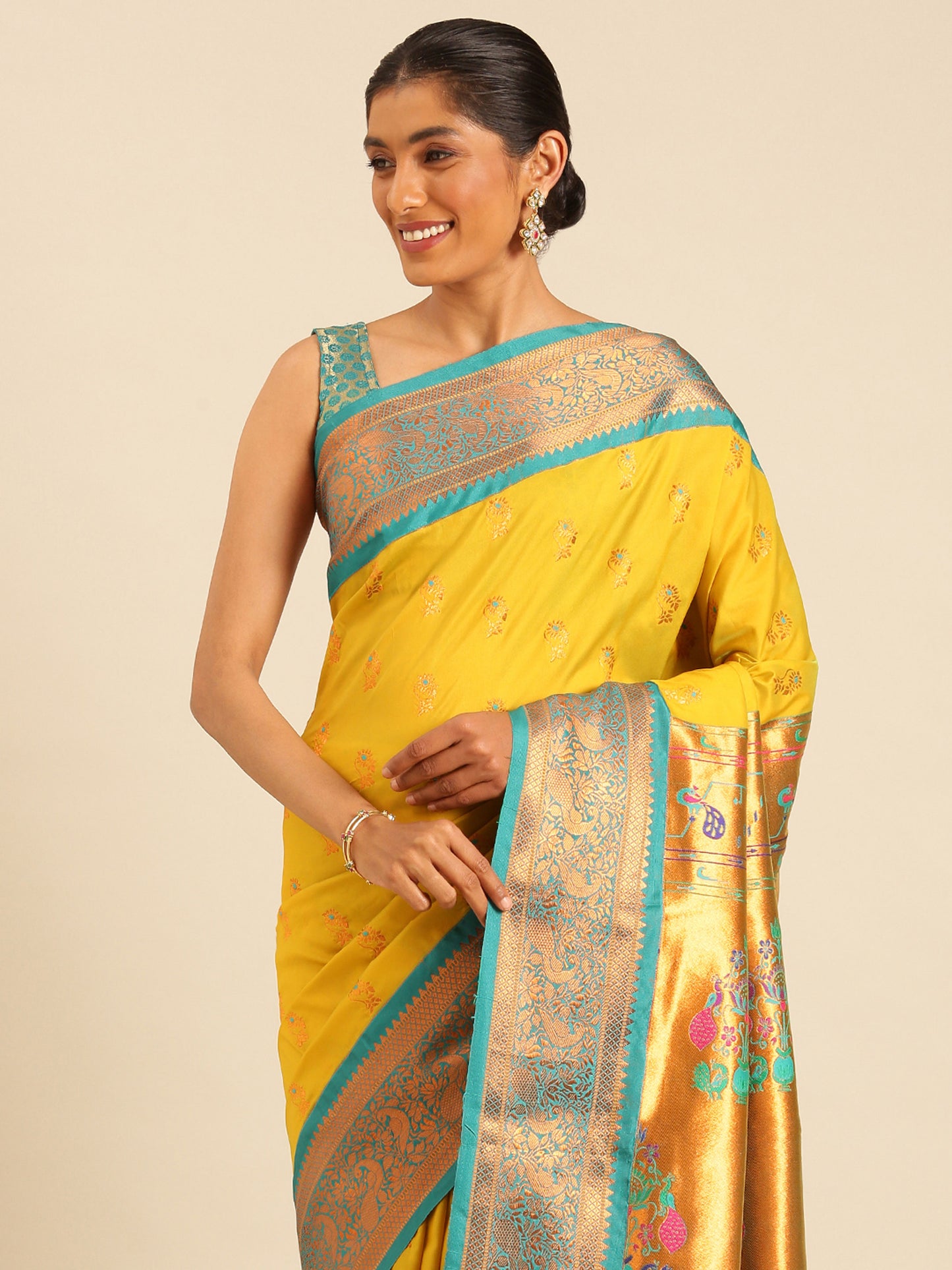 Sonkali Mustard & Rama Soft Silk Peshwai Nath Paithani Saree