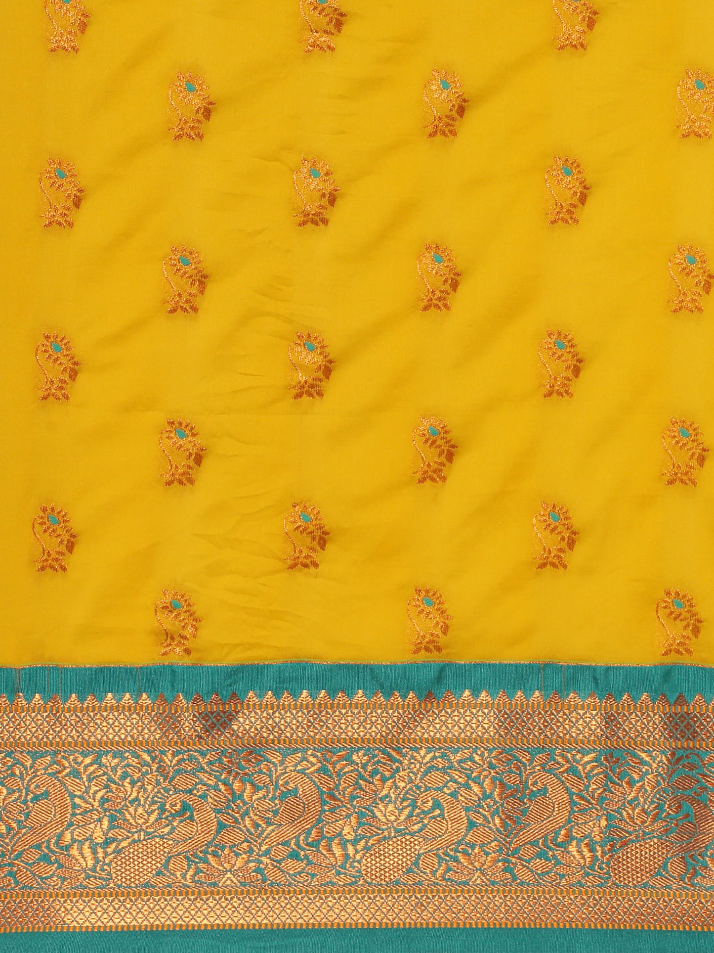 Sonkali Mustard & Rama Soft Silk Peshwai Nath Paithani Saree