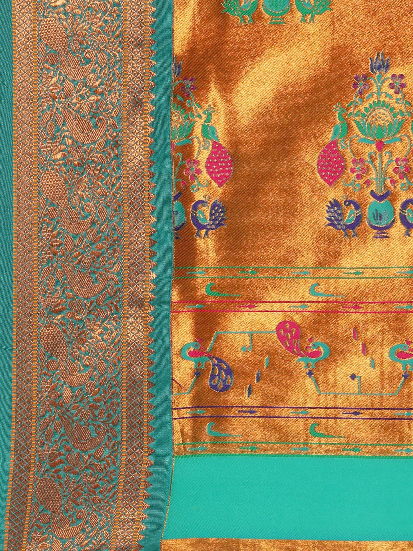 Sonkali Mustard & Rama Soft Silk Peshwai Nath Paithani Saree