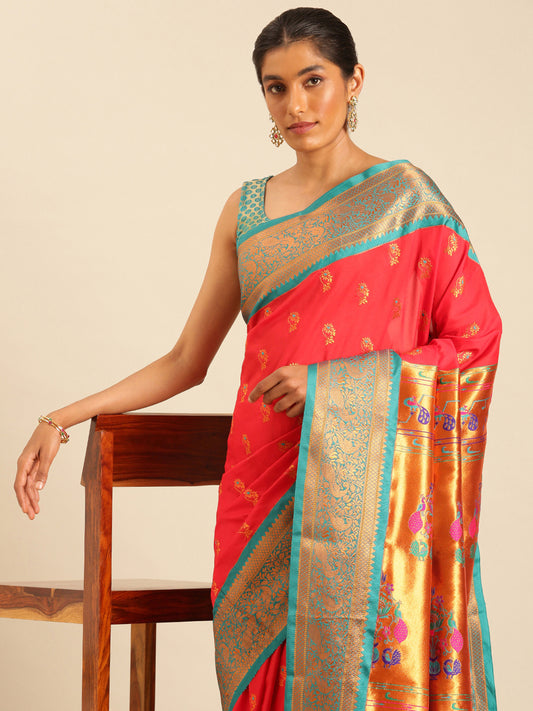 Sonkali Red & Rama Soft Silk Peshwai Nath Paithani Saree