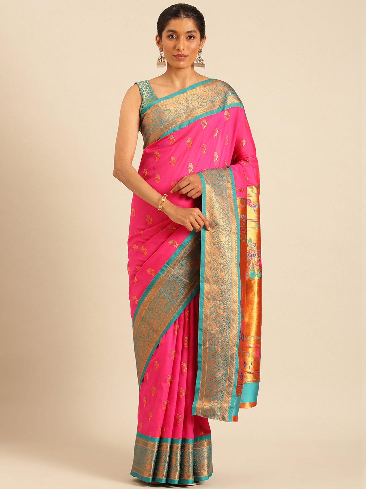 Sonkali Hot Pink & Rama Soft Silk Peshwai Nath Paithani Saree