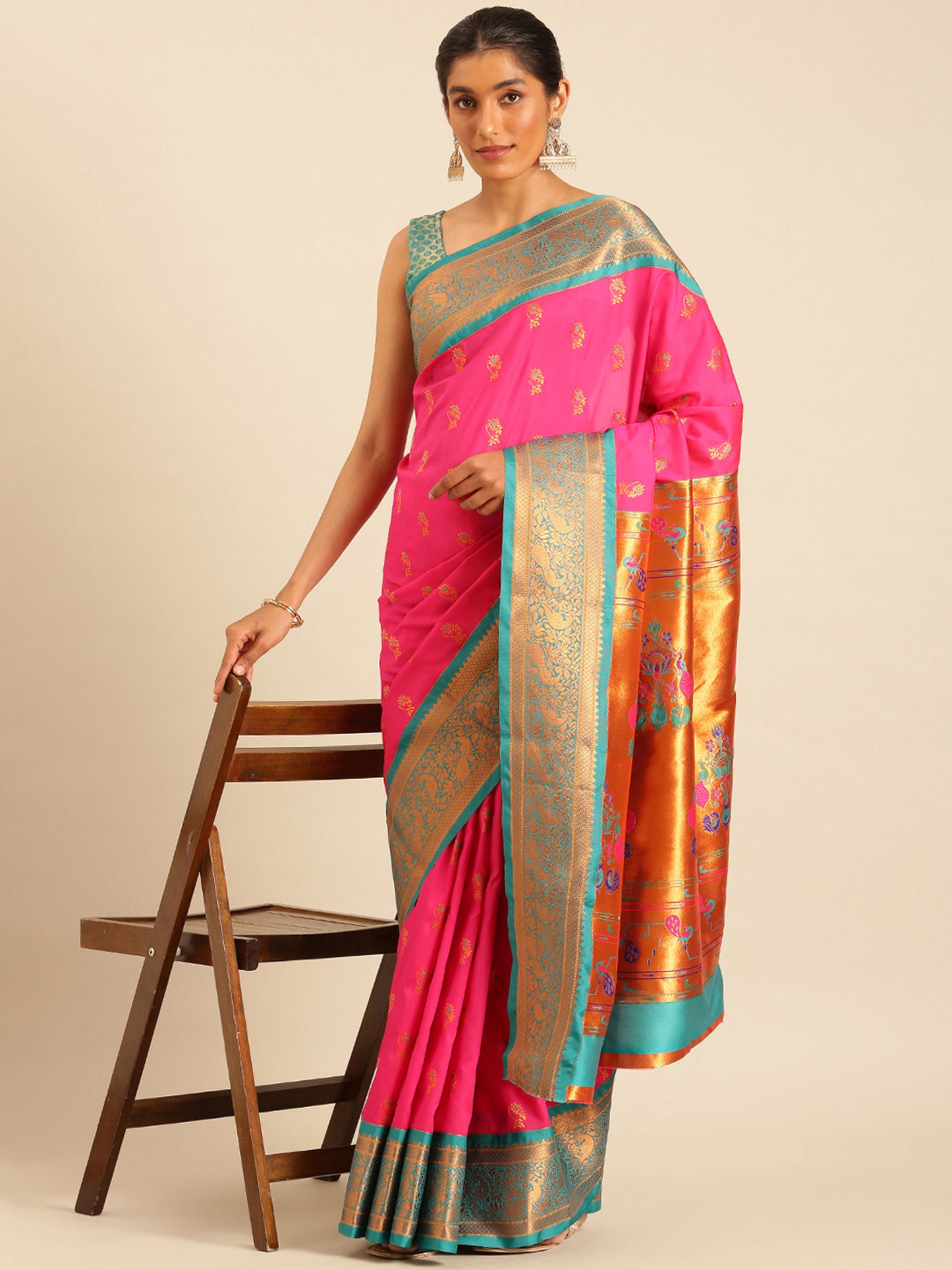 Sonkali Hot Pink & Rama Soft Silk Peshwai Nath Paithani Saree