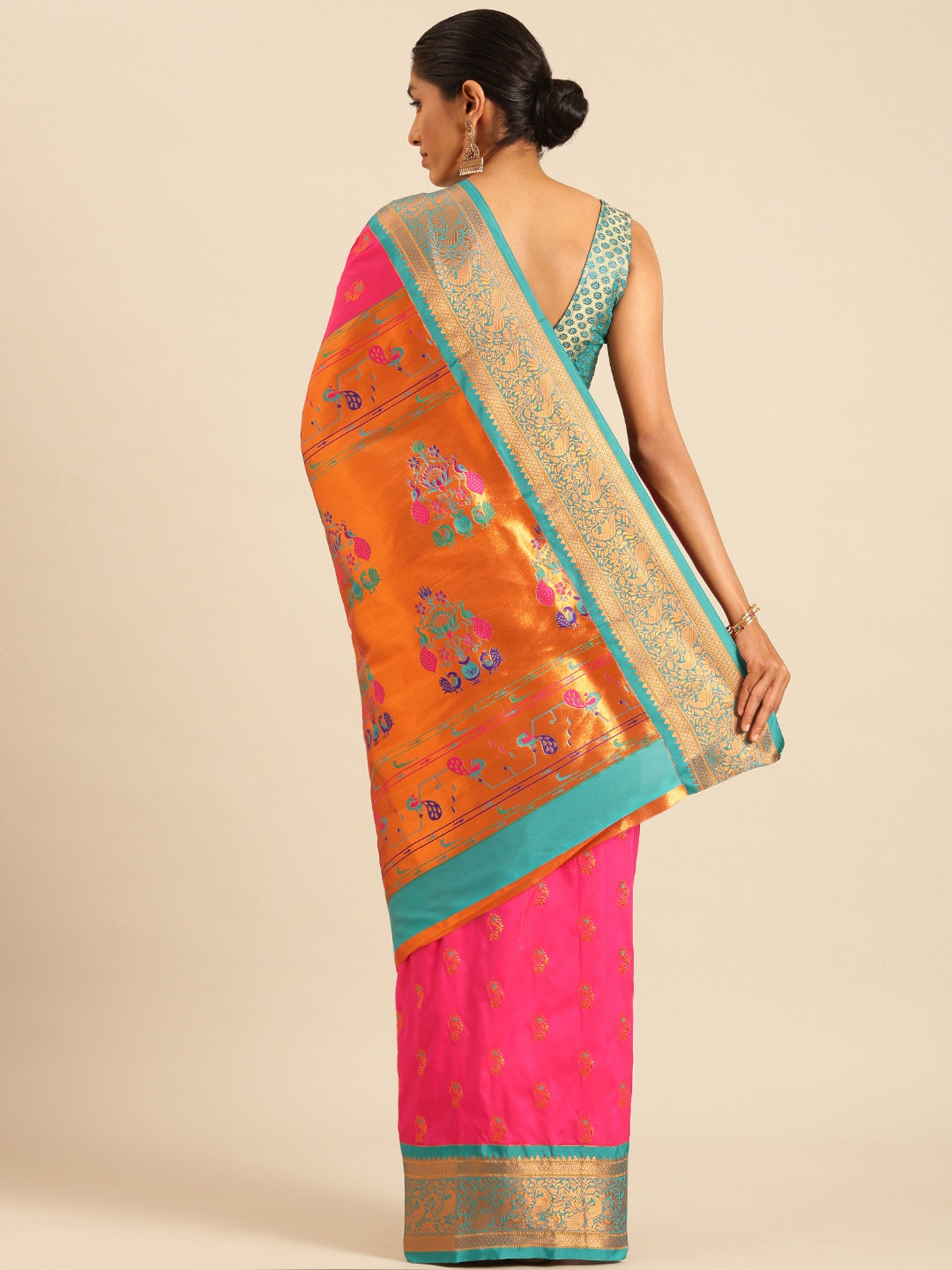 Sonkali Hot Pink & Rama Soft Silk Peshwai Nath Paithani Saree