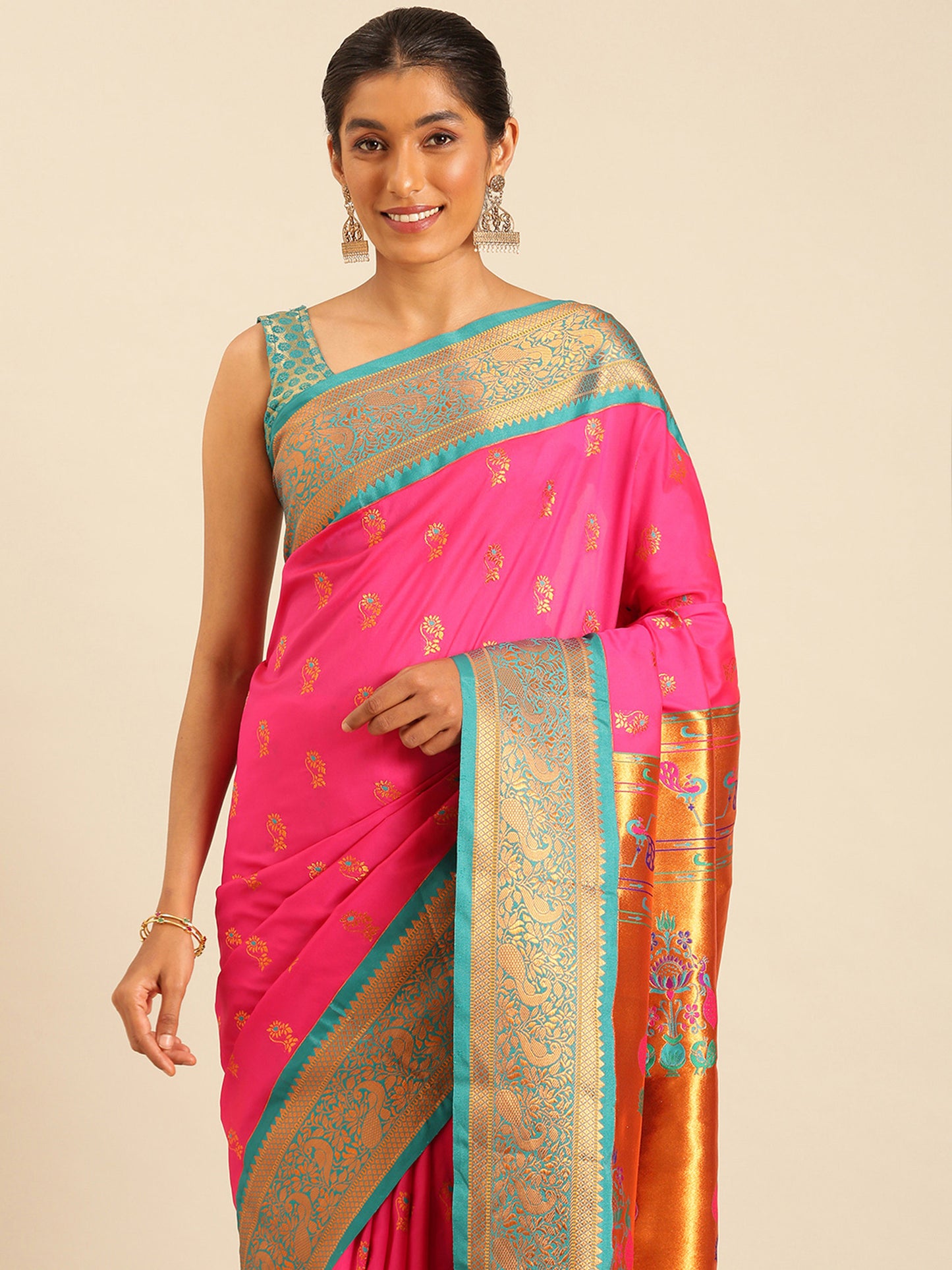 Sonkali Hot Pink & Rama Soft Silk Peshwai Nath Paithani Saree