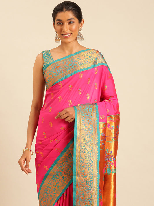 Sonkali Hot Pink & Rama Soft Silk Peshwai Nath Paithani Saree