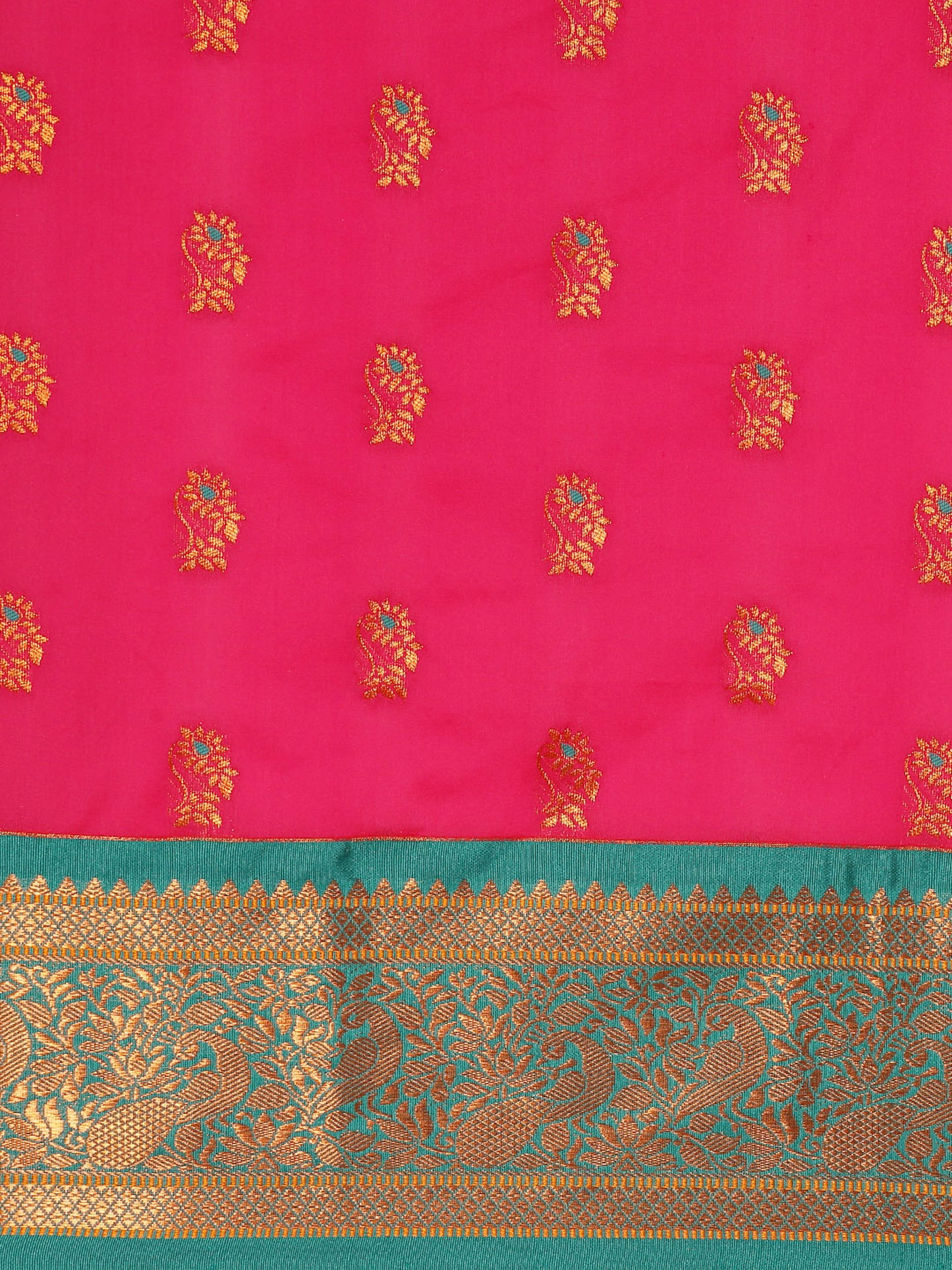 Sonkali Hot Pink & Rama Soft Silk Peshwai Nath Paithani Saree