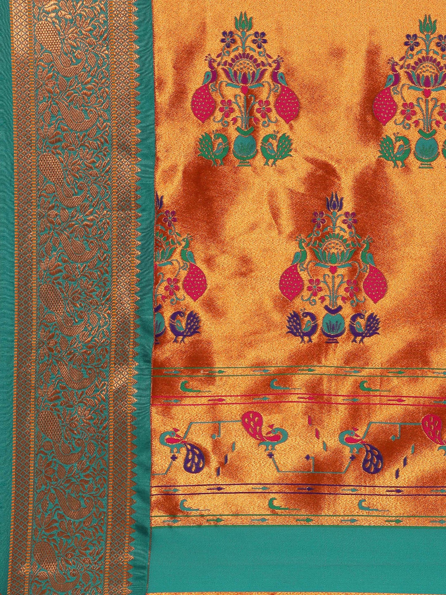 Sonkali Hot Pink & Rama Soft Silk Peshwai Nath Paithani Saree