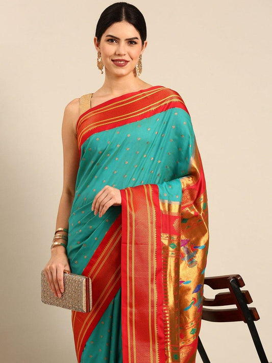 Rashmika Chintamani Blue & Red Soft Silk Double Pallu Paithani Saree     Varkala Silk Sarees