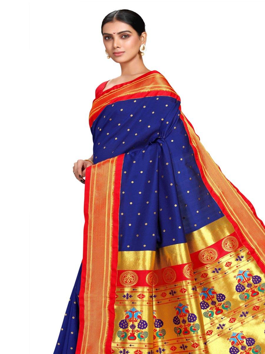 Shridevi Royal Blue: Paithani Soft Silk Kadiyal Maharani Pallu Saree Varkala Silk Sarees