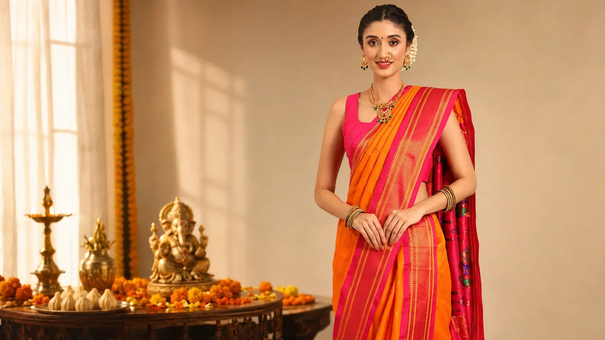 Woman in a saffron and green Paithani silk saree with copper zari border, beside a brass diya and marigold for Ganesh Chaturthi
