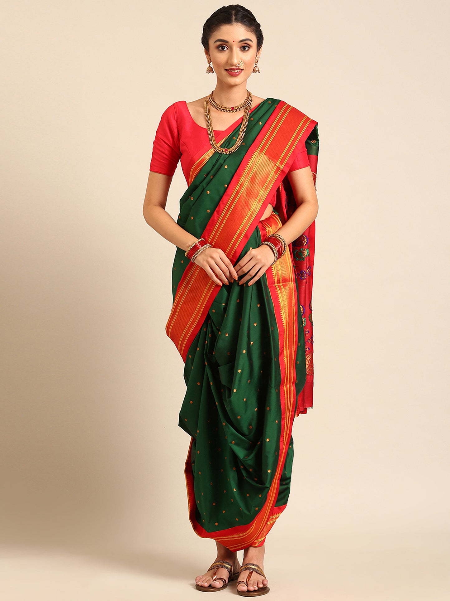 Swamini Bottle Green & Red Soft Silk Maharani Nauvari Paithani Saree