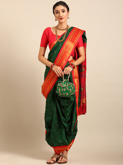 Swamini Bottle Green & Red Soft Silk Maharani Nauvari Paithani Saree