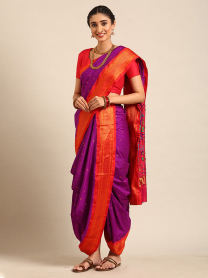 Swamini Purple & Red Soft Silk Maharani Nauvari Paithani Saree