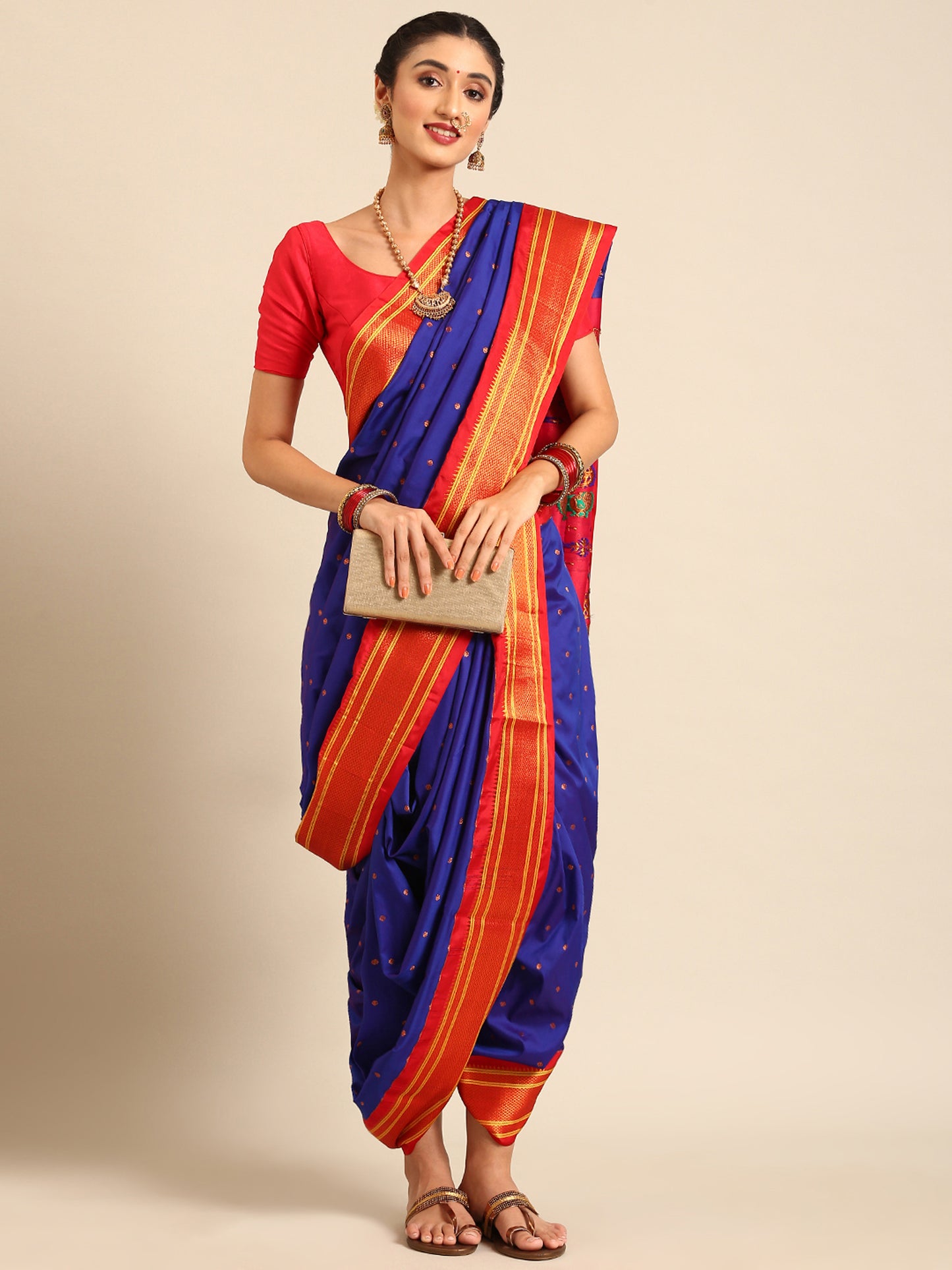 Swamini Royal Blue & Red Soft Silk Maharani Nauvari Paithani Saree