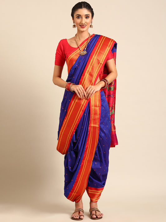 Maharani Nauvari Paithani Saree 9-Yard Silk Blend Traditional Marathi Kashta Saree | Swamini Royal Blue & Red