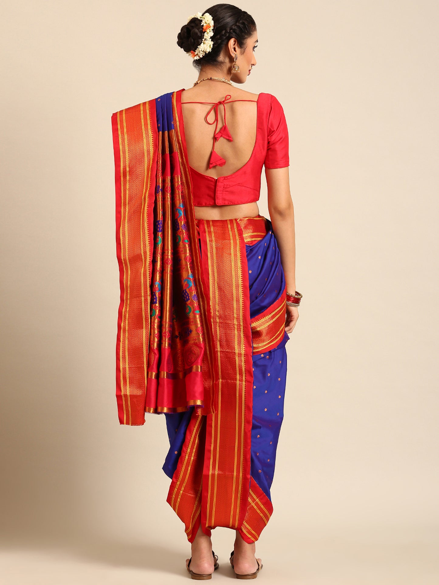 Swamini Royal Blue & Red Soft Silk Maharani Nauvari Paithani Saree