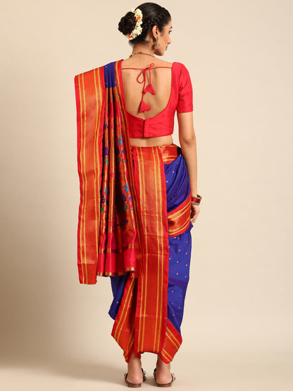 Swamini Royal Blue & Red Soft Silk Maharani Nauvari Paithani Saree