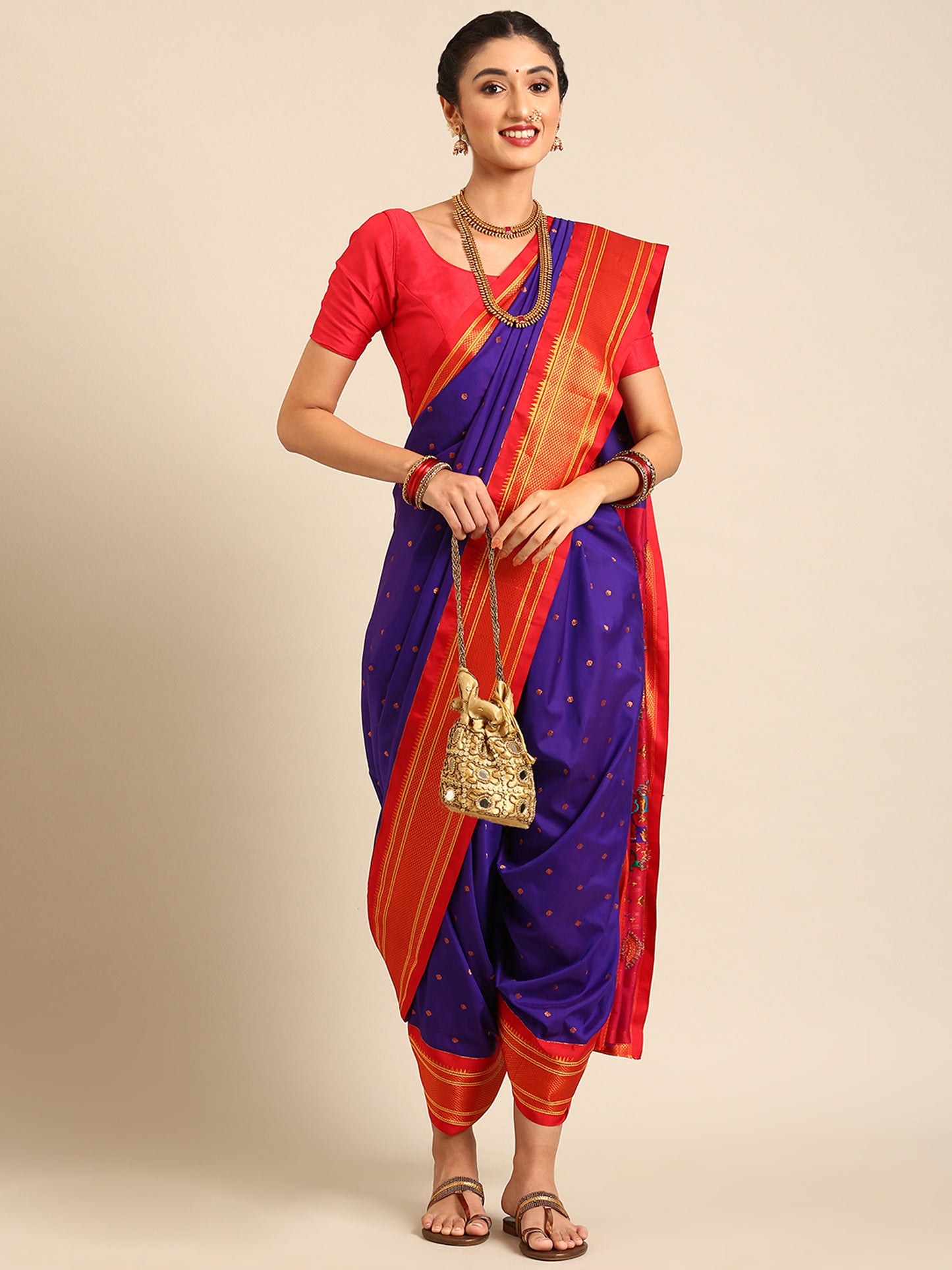 Swamini Indigo Blue & Red Soft Silk Maharani Nauvari Paithani Saree