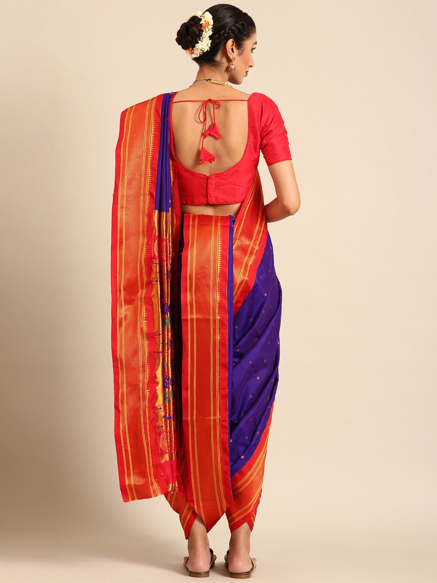 Swamini Indigo Blue & Red Soft Silk Maharani Nauvari Paithani Saree