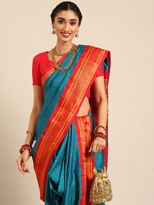 Swamini Rama & Red Soft Silk Maharani Nauvari Paithani Saree