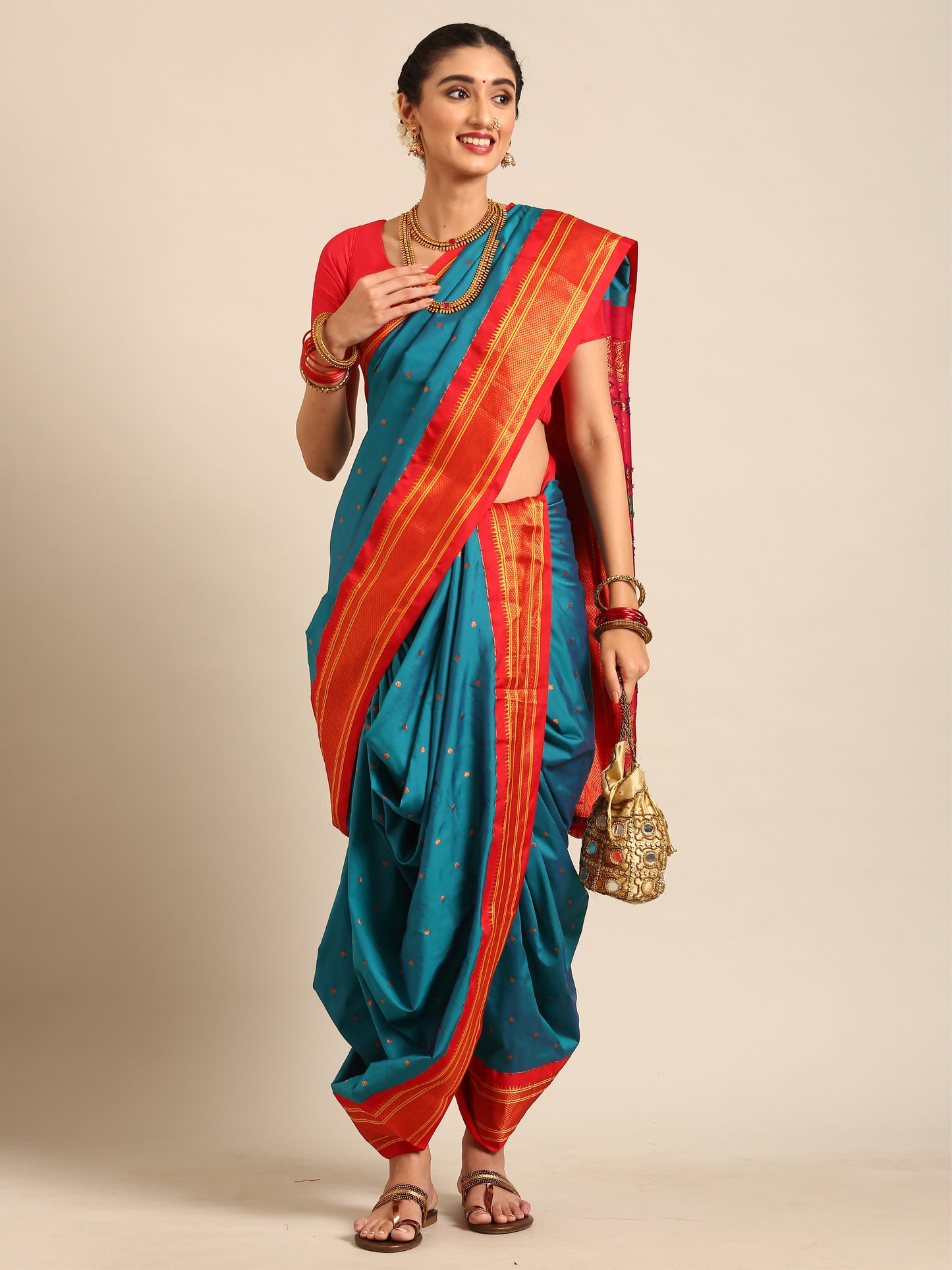 Swamini Rama & Red Soft Silk Maharani Nauvari Paithani Saree