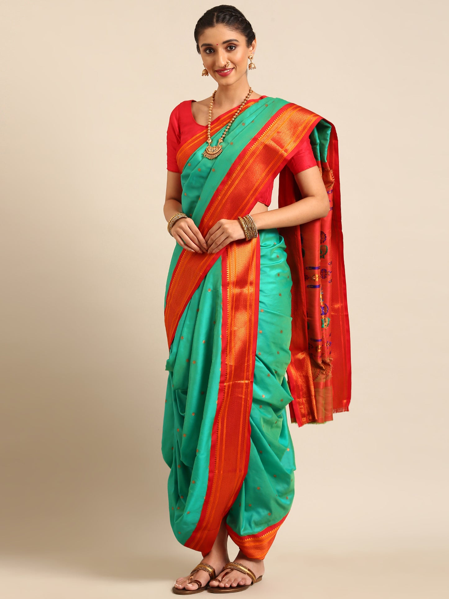 Swamini Sea Green & Red Soft Silk Maharani Nauvari Paithani Saree