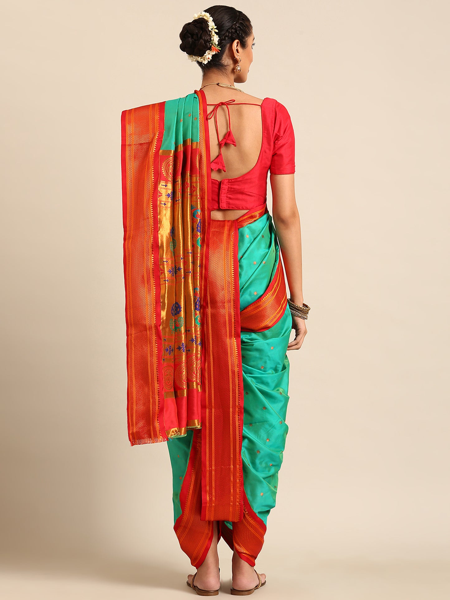 Swamini Sea Green & Red Soft Silk Maharani Nauvari Paithani Saree