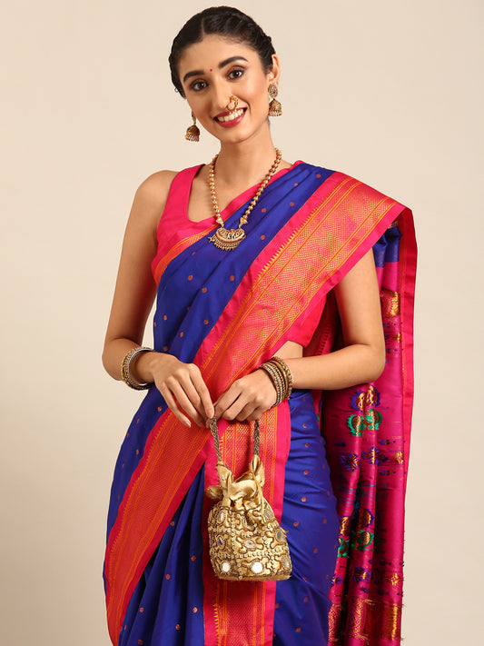 Swamini Royal Blue & Pink Soft Silk Maharani Nauvari Paithani Saree