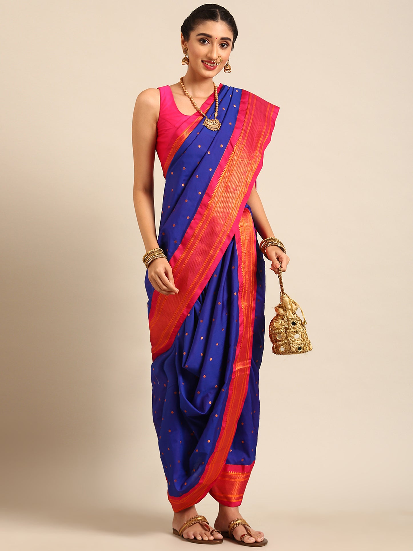 Swamini Royal Blue & Pink Soft Silk Maharani Nauvari Paithani Saree