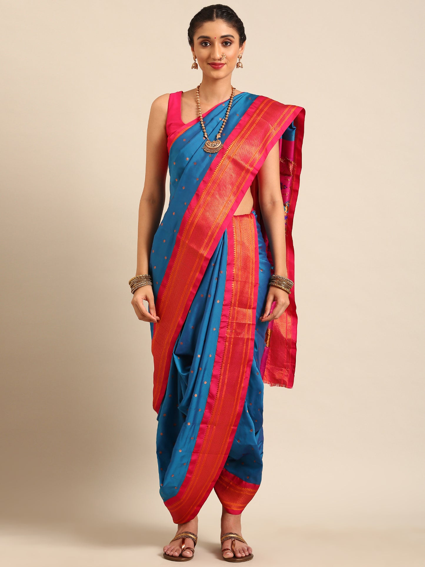 Swamini Firozi & Pink Soft Silk Maharani Nauvari Paithani Saree