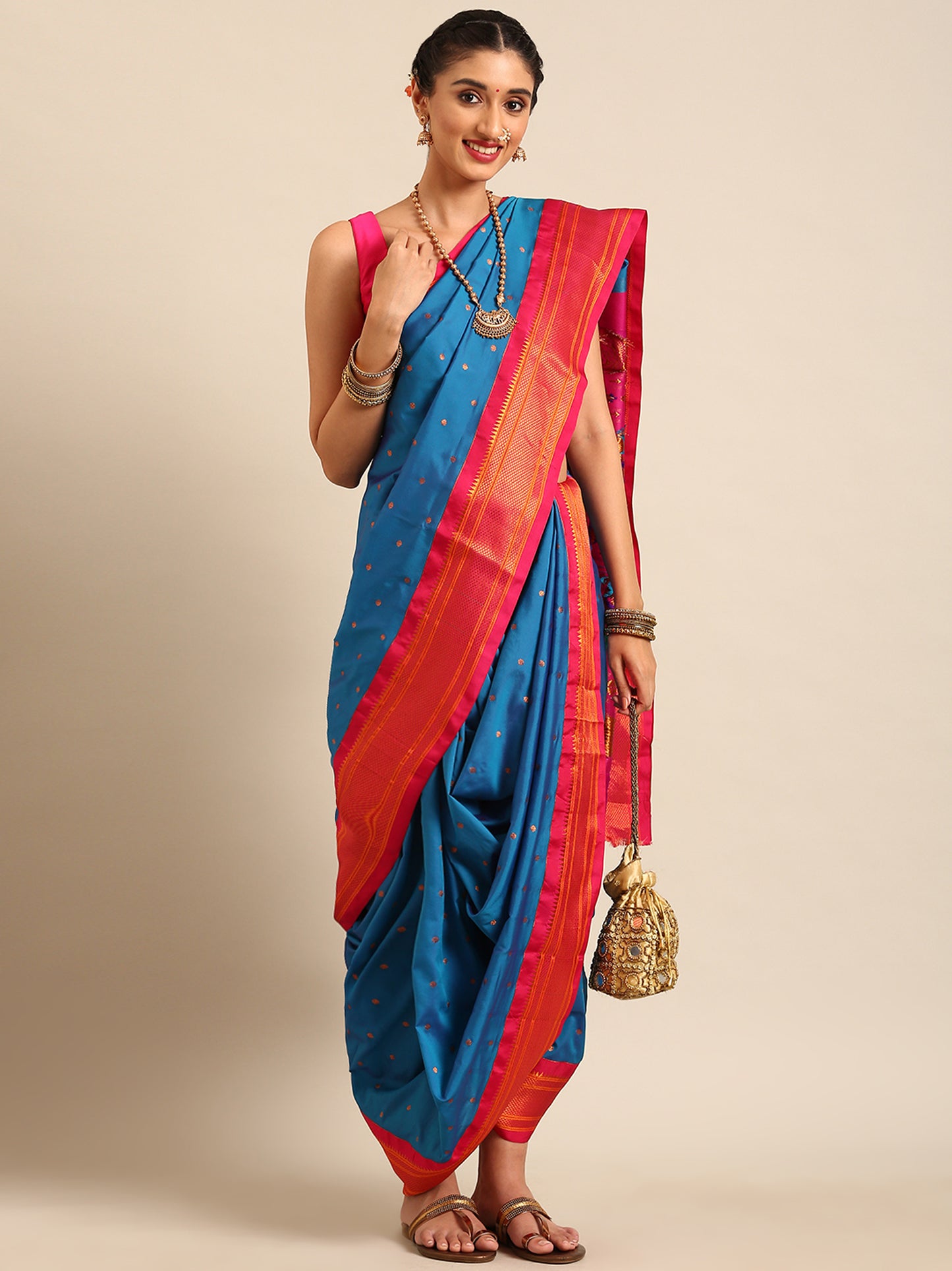 Swamini Firozi & Pink Soft Silk Maharani Nauvari Paithani Saree