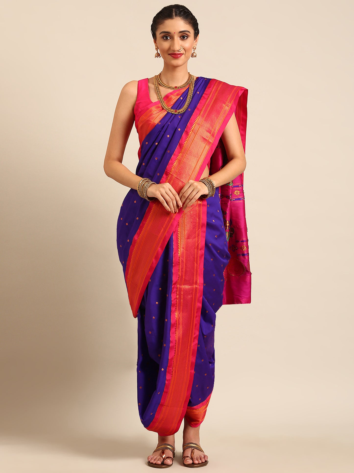 Swamini Indigo Blue & Pink Soft Silk Maharani Nauvari Paithani Saree