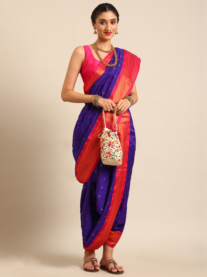 Swamini Indigo Blue & Pink Soft Silk Maharani Nauvari Paithani Saree